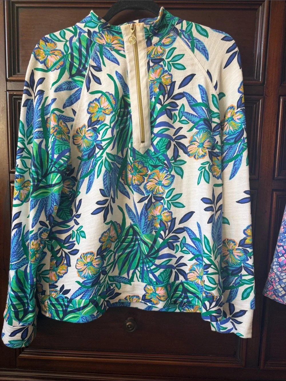 Lilly Pulitzer White Floral Half-Zip Pullover with Blue & Green Leaves